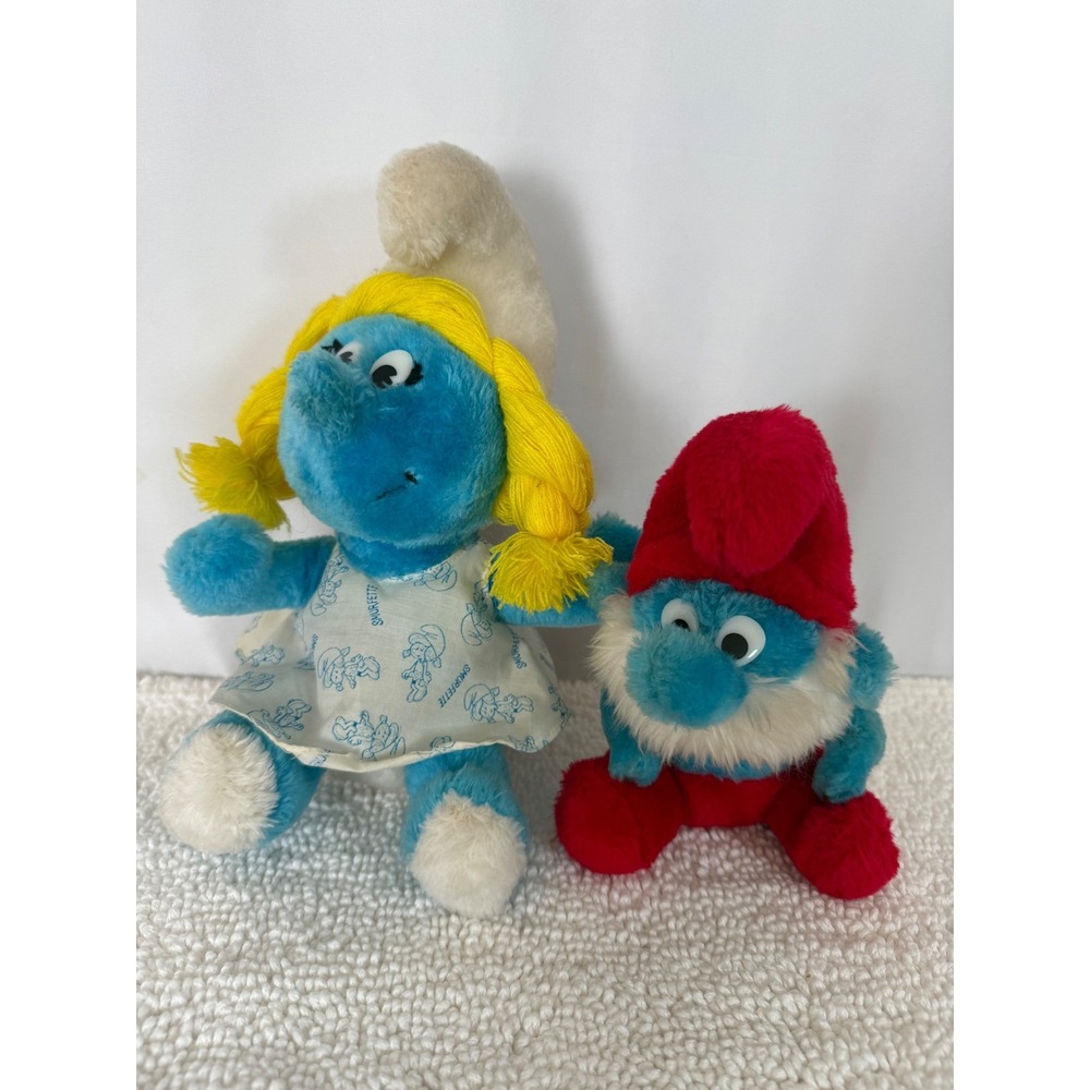 Vintage 1981 Peyo Smurfette & Papa‎ Smurf Plush Dolls 12" & 8" 2pc lot